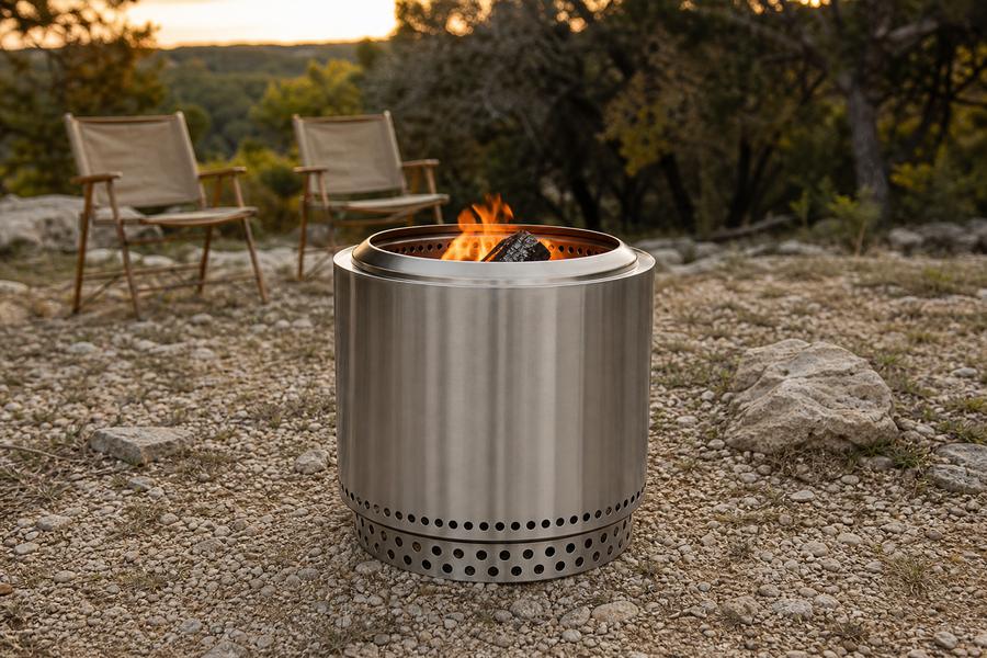 Stainless steel smokeless fire pit burning beside two camp chairs
