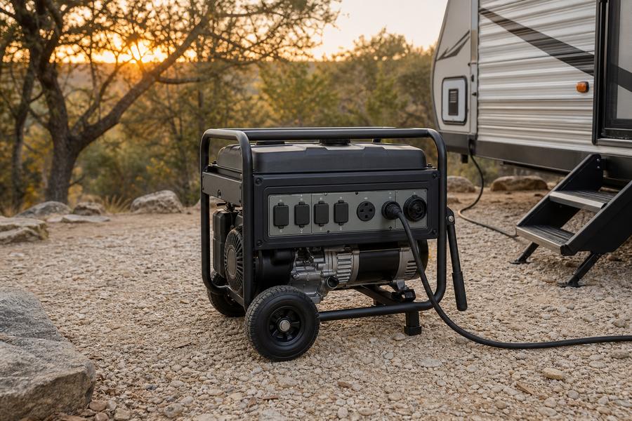 Portable generator running beside a travel trailer