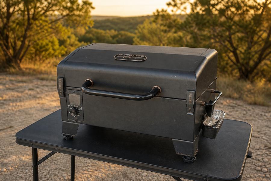 Portable pellet grill on a camp table at sunset