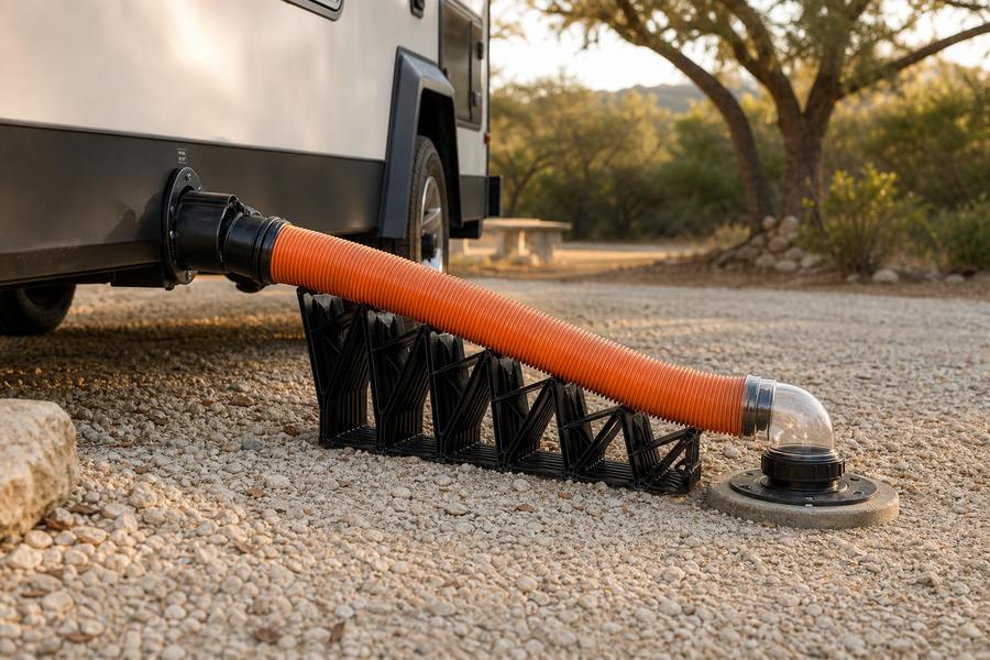 Sewer hose connected from a travel trailer to a campground dump inlet