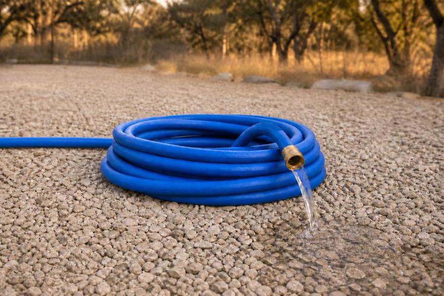 Blue potable water hose coiled on gravel at a campsite, water flowing from the brass fitting